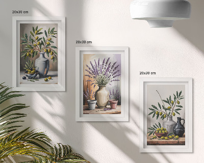 Lot de 3 tableaux Fleurs et olives dans des vases sur fond clair