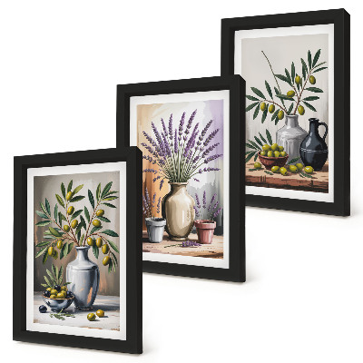Lot de 3 tableaux Fleurs et olives dans des vases sur fond clair