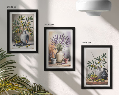 Lot de 3 tableaux Fleurs et olives dans des vases sur fond clair
