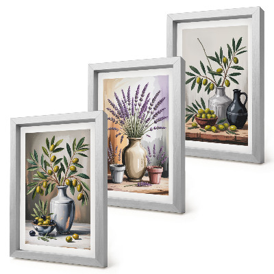 Lot de 3 tableaux Fleurs et olives dans des vases sur fond clair