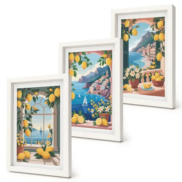 Ensemble de 3 tableaux représentant une fenêtre avec vue sur la mer et des citrons italiens