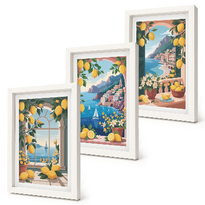 Ensemble de 3 tableaux Fenêtre avec vue sur mer et citrons italiens