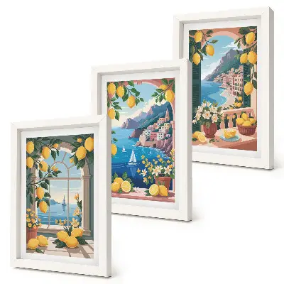 Ensemble de 3 tableaux représentant une fenêtre avec vue sur la mer et des citrons italiens
