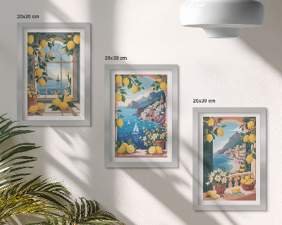 Ensemble de 3 tableaux Fenêtre avec vue sur mer et citrons italiens