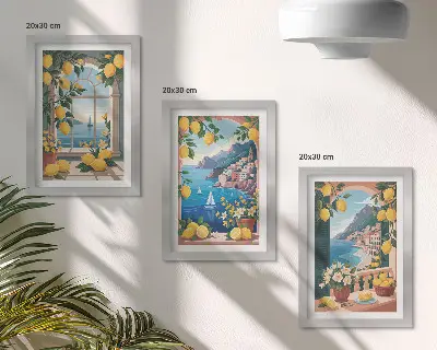 Ensemble de 3 tableaux représentant une fenêtre avec vue sur la mer et des citrons italiens