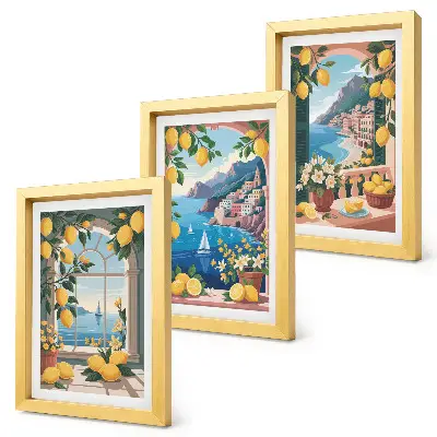 Ensemble de 3 tableaux représentant une fenêtre avec vue sur la mer et des citrons italiens