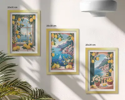 Ensemble de 3 tableaux représentant une fenêtre avec vue sur la mer et des citrons italiens