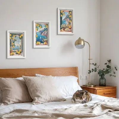Ensemble de 3 tableaux représentant une fenêtre avec vue sur la mer et des citrons italiens