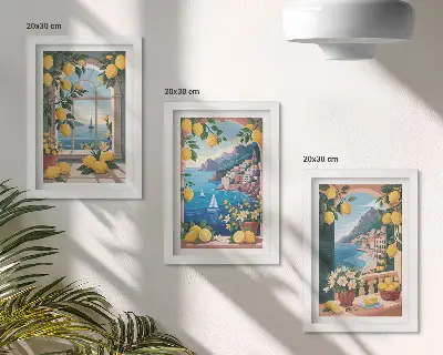 Ensemble de 3 tableaux représentant une fenêtre avec vue sur la mer et des citrons italiens