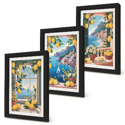 Ensemble de 3 tableaux Fenêtre avec vue sur mer et citrons italiens