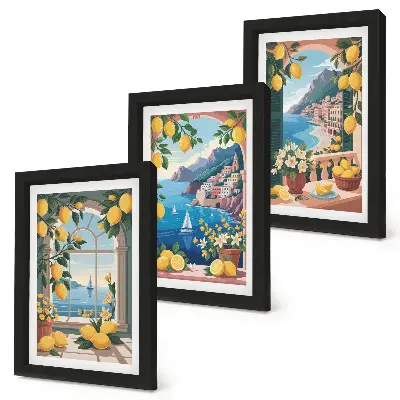 Ensemble de 3 tableaux représentant une fenêtre avec vue sur la mer et des citrons italiens