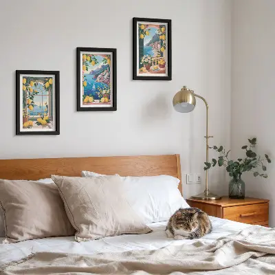 Ensemble de 3 tableaux représentant une fenêtre avec vue sur la mer et des citrons italiens