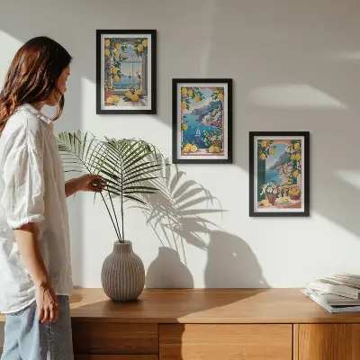 Ensemble de 3 tableaux représentant une fenêtre avec vue sur la mer et des citrons italiens
