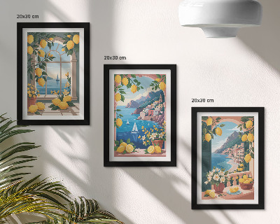 Ensemble de 3 tableaux Fenêtre avec vue sur mer et citrons italiens