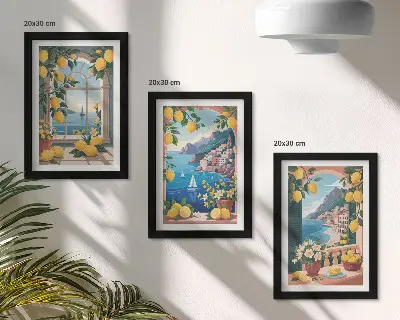 Ensemble de 3 tableaux représentant une fenêtre avec vue sur la mer et des citrons italiens