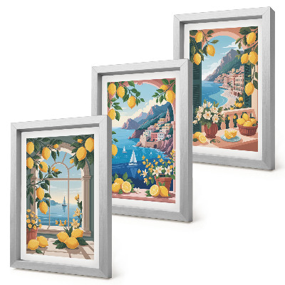 Ensemble de 3 tableaux Fenêtre avec vue sur mer et citrons italiens