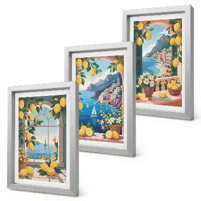 Ensemble de 3 tableaux représentant une fenêtre avec vue sur la mer et des citrons italiens