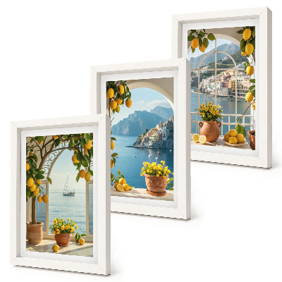 Lot de 3 tableaux Citrons et fleurs en pot dans une ville balnéaire