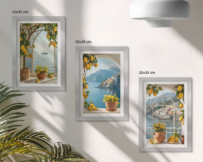 Lot de 3 tableaux Citrons et fleurs en pot dans une ville balnéaire