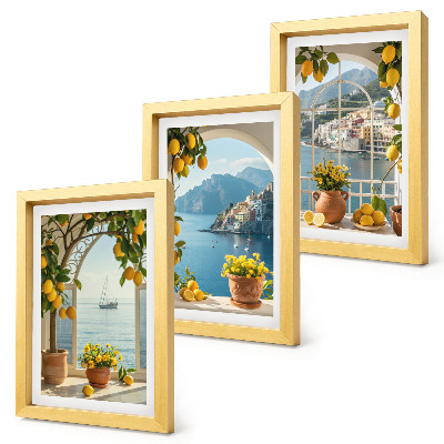 Lot de 3 tableaux Citrons et fleurs en pot dans une ville balnéaire