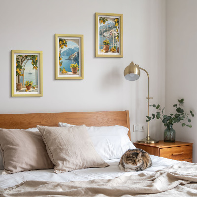 Lot de 3 tableaux Citrons et fleurs en pot dans une ville balnéaire