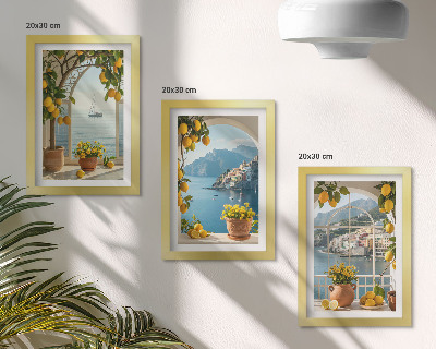 Lot de 3 tableaux Citrons et fleurs en pot dans une ville balnéaire