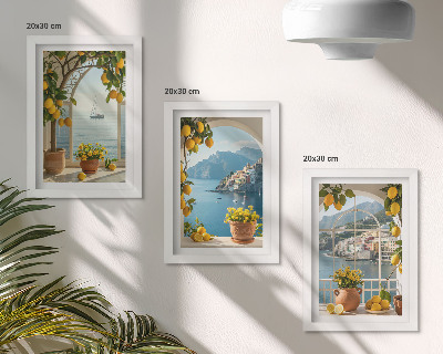 Lot de 3 tableaux Citrons et fleurs en pot dans une ville balnéaire