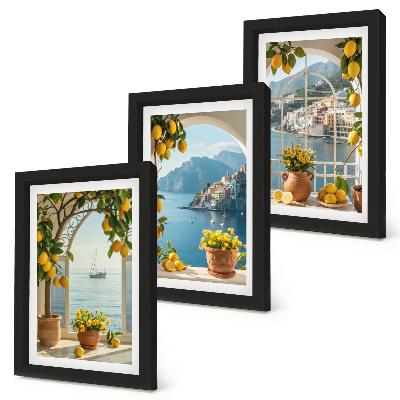 Lot de 3 tableaux Citrons et fleurs en pot dans une ville balnéaire