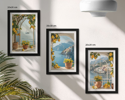 Lot de 3 tableaux Citrons et fleurs en pot dans une ville balnéaire