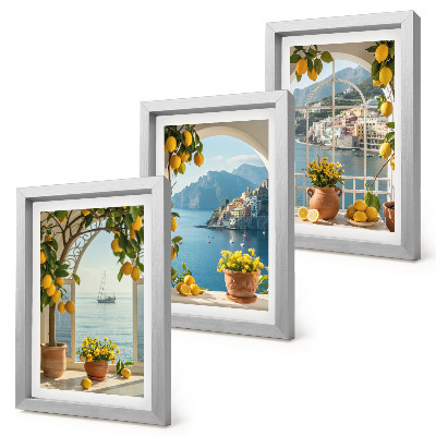 Lot de 3 tableaux Citrons et fleurs en pot dans une ville balnéaire