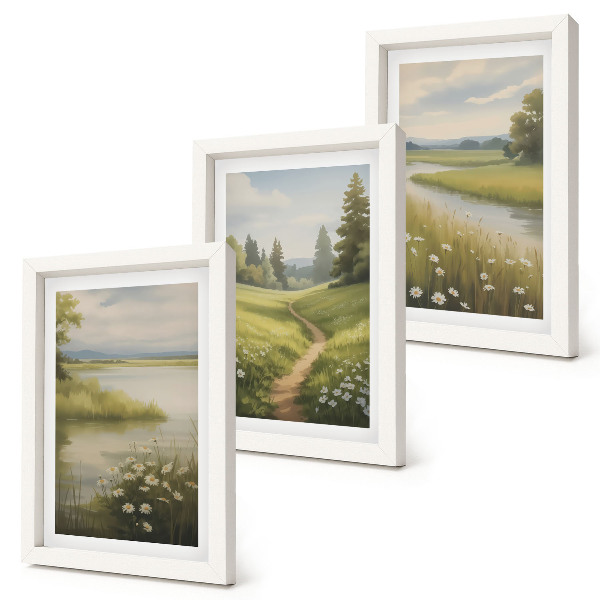 Ensemble de 3 tableaux Paysage printanier avec une rivière, un chemin et une prairie fleurie