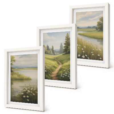 Ensemble de 3 tableaux Paysage printanier avec une rivière, un chemin et une prairie fleurie