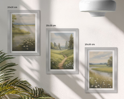 Ensemble de 3 tableaux Paysage printanier avec une rivière, un chemin et une prairie fleurie