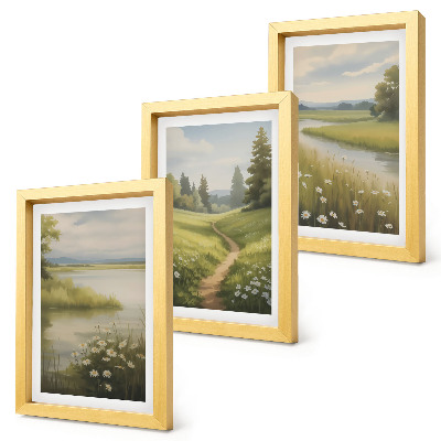 Ensemble de 3 tableaux Paysage printanier avec une rivière, un chemin et une prairie fleurie