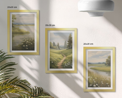 Ensemble de 3 tableaux Paysage printanier avec une rivière, un chemin et une prairie fleurie