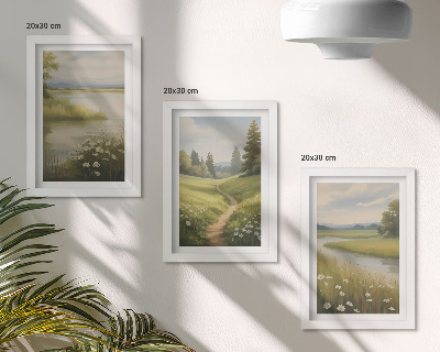 Ensemble de 3 tableaux Paysage printanier avec une rivière, un chemin et une prairie fleurie