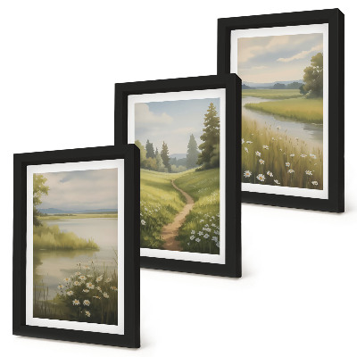 Ensemble de 3 tableaux Paysage printanier avec une rivière, un chemin et une prairie fleurie