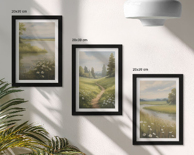 Ensemble de 3 tableaux Paysage printanier avec une rivière, un chemin et une prairie fleurie