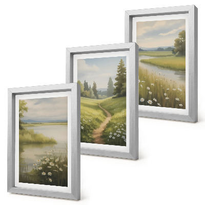 Ensemble de 3 tableaux Paysage printanier avec une rivière, un chemin et une prairie fleurie