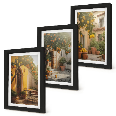 Lot de 3 tableaux Terrasse ensoleillée avec agrumes et pots