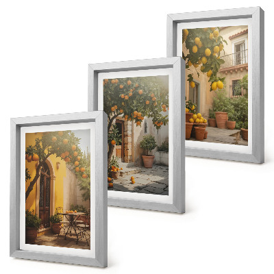 Lot de 3 tableaux Terrasse ensoleillée avec agrumes et pots