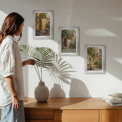 Ensemble de 3 tableaux Un jardin avec des agrumes dans un cadre ensoleillé