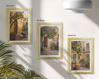 Ensemble de 3 tableaux Un jardin avec des agrumes dans un cadre ensoleillé