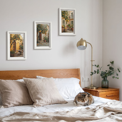 Ensemble de 3 tableaux Un jardin avec des agrumes dans un cadre ensoleillé