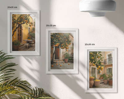 Ensemble de 3 tableaux Un jardin avec des agrumes dans un cadre ensoleillé