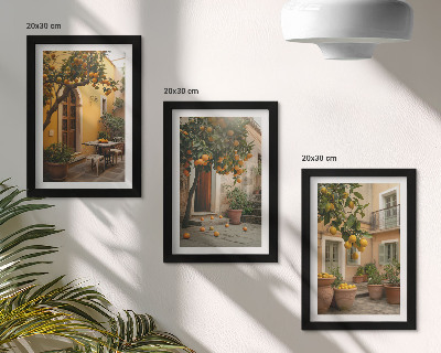 Ensemble de 3 tableaux Un jardin avec des agrumes dans un cadre ensoleillé