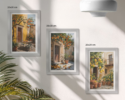 Ensemble de 3 tableaux Agrumes dans une cour ensoleillée avec des plantes