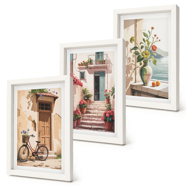 Lot de 3 tableaux Des rues peintes avec des fleurs et un vélo