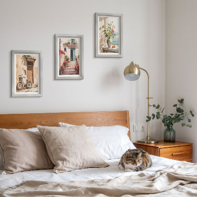 Lot de 3 tableaux Des rues peintes avec des fleurs et un vélo