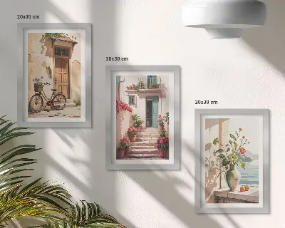 Lot de 3 tableaux représentant des rues fleuries avec un vélo